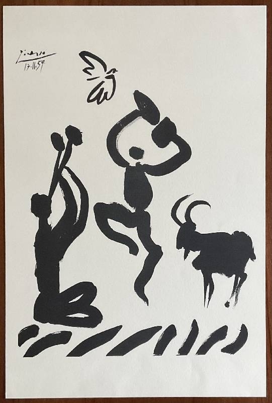 Picasso, Pablo: La Danse du Berger (Tanz der Hirten), im Stein signiert und datiert: Picasso 17. II. (19)59. Lithographie auf festem Velin von Chiffon de la Dore (mit Wasserzeichen). Blattgröße ca. 56 x 37,5 cm.