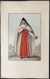 (Vito, Michaela de): Aquarell / Gouache. Ordensschwester in weiß-rotem Habit. Blattgröße: 37,5  x 23,5 cm.